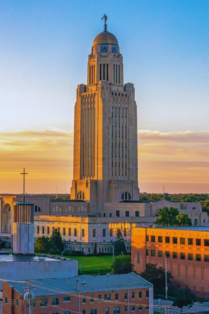 Nebraska State Capitol building at sunset, minutes from Martha's Bed and Breakfast in Lincoln, Nebraska