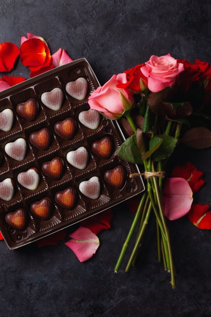 Romantic heart-shaped chocolates and pink roses for couples at Martha's Bed and Breakfast in Lincoln, Nebraska